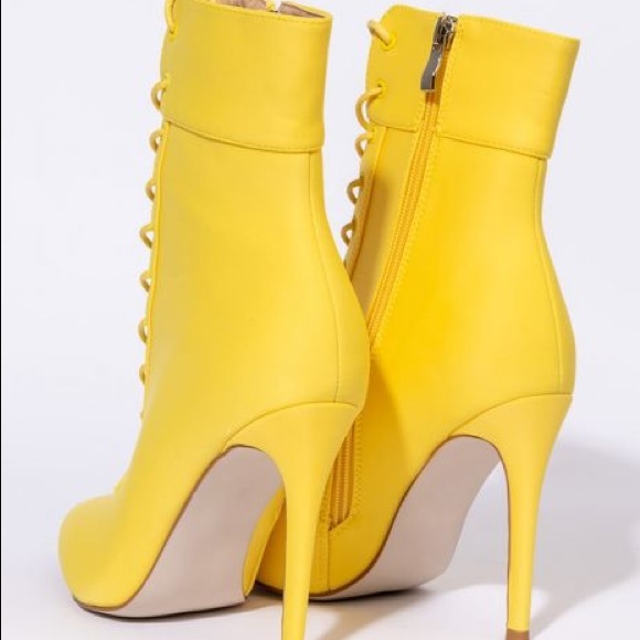 Azalea Wang Sunshine Yellow Victorian Inspired Lace Up Stiletto Booties - Picture 5 of 8